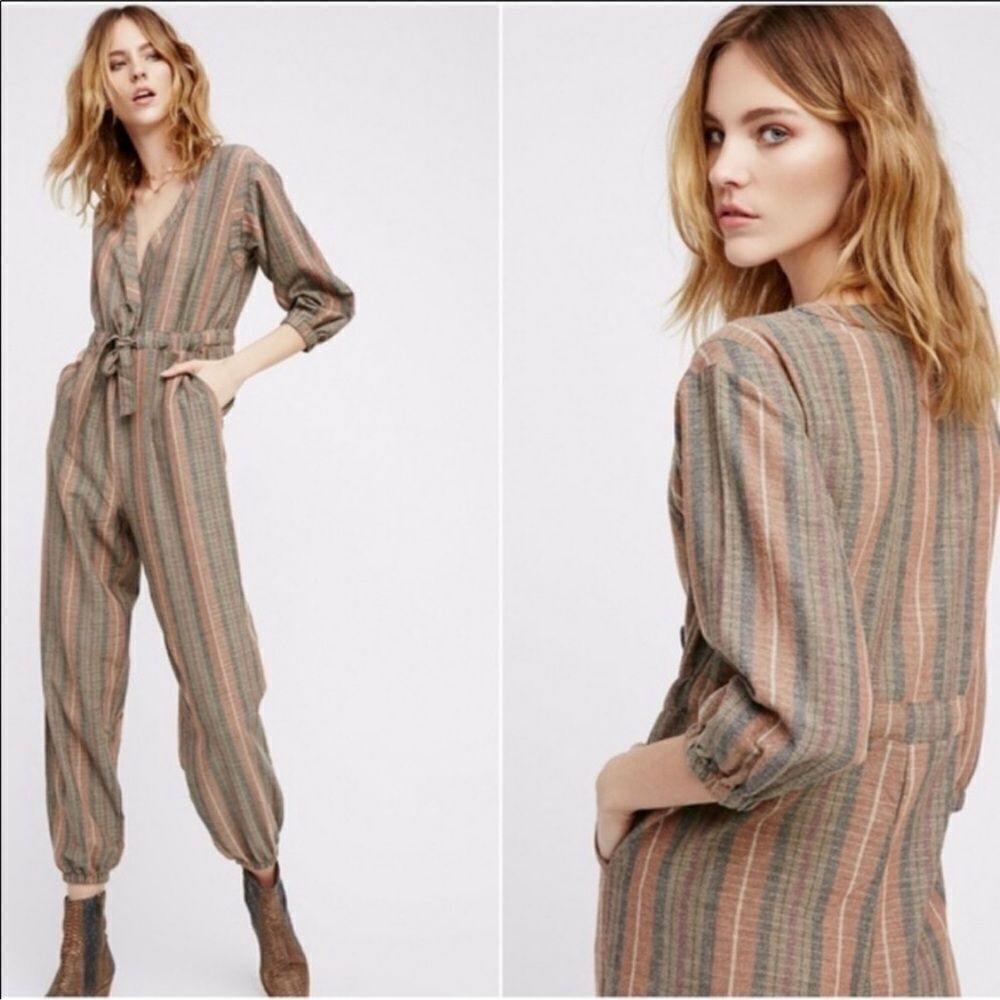 People Free Loveland Metallic Striped Jumpsuit Wool Blend Brown Bohemian Boho XS